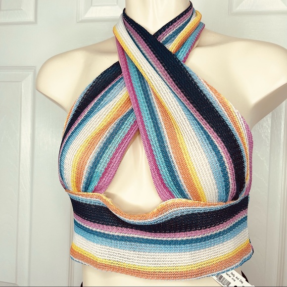 MOLLY AND ZOEY halter crop top twist halter crop top multi color stripes M Beach - Picture 7 of 8